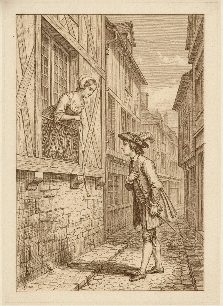Gravure de L'École des femmes : Agnès au balcon laisse glisser un ruban vers Horace qui la salue dans la rue