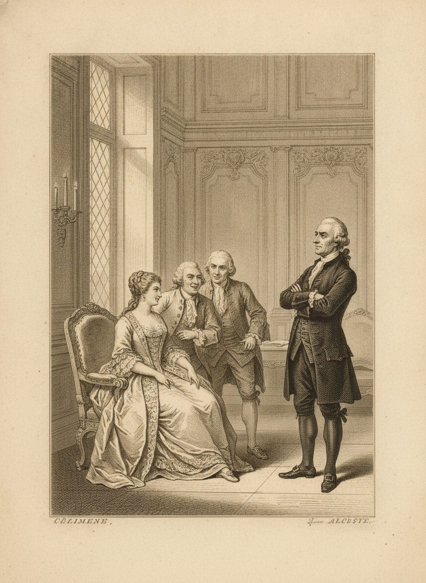 Gravure de la scène des portraits du Misanthrope : Célimène assise amuse deux marquis, Alceste debout les bras croisés