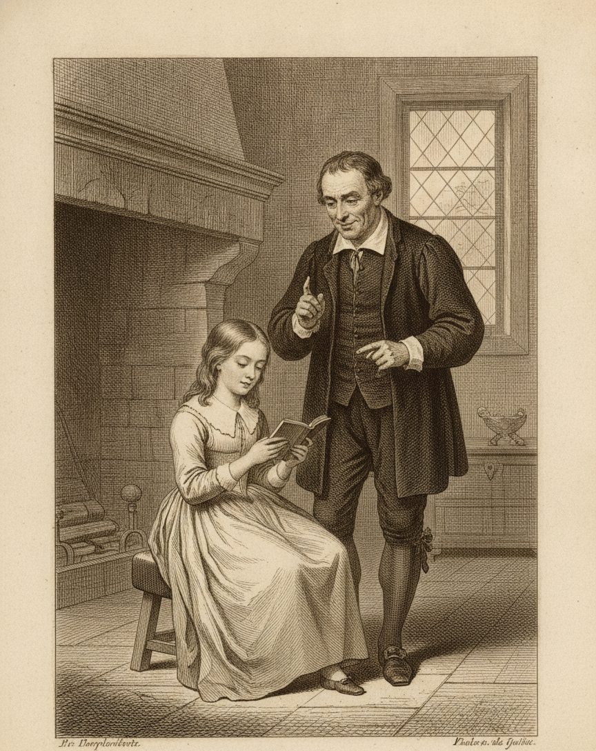 Gravure de L'École des femmes : Arnolphe fait lire les Maximes du mariage à Agnès assise près de la cheminée