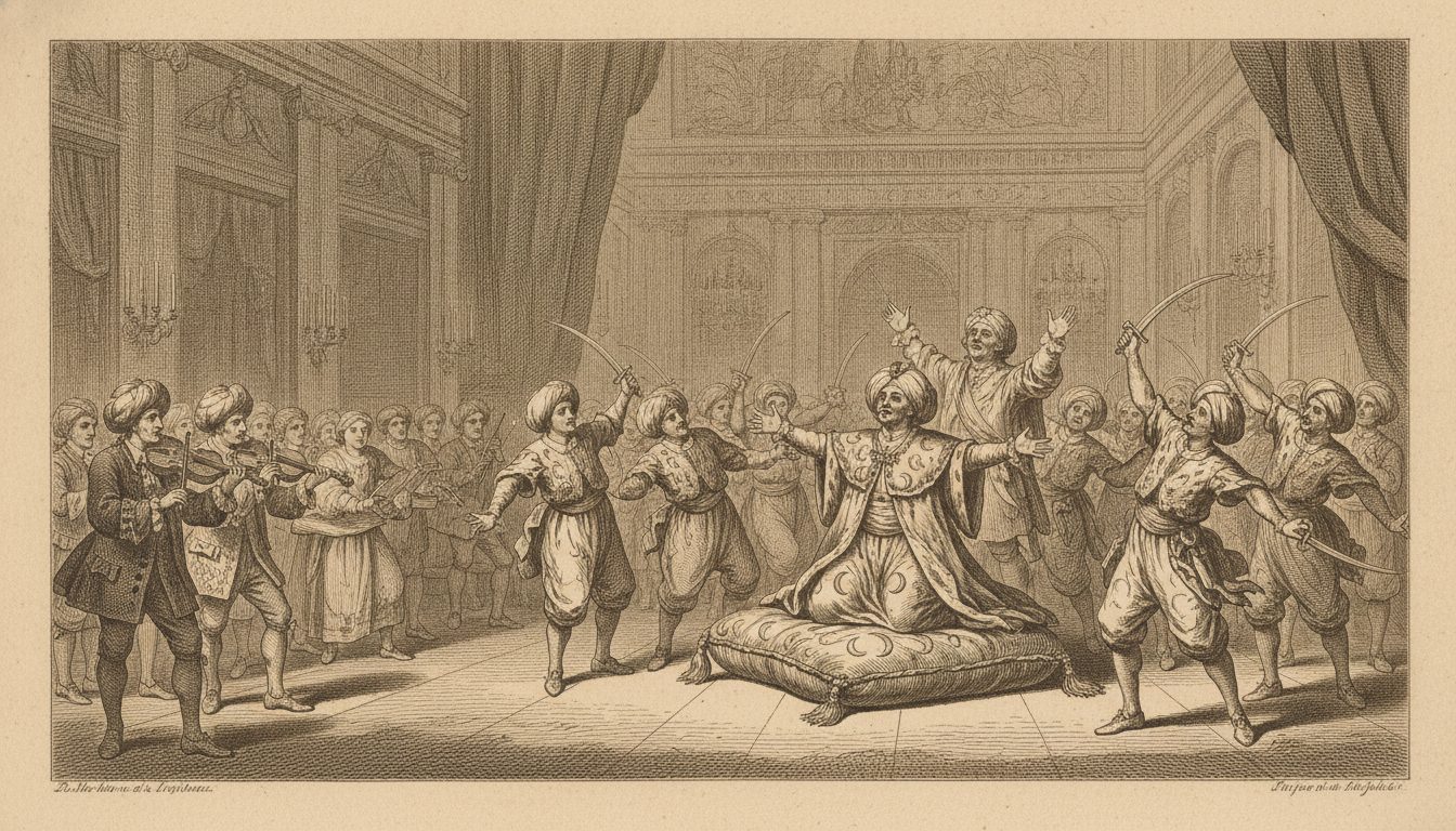 La cérémonie turque du Bourgeois gentilhomme : Monsieur Jourdain agenouillé parmi les Turcs de comédie