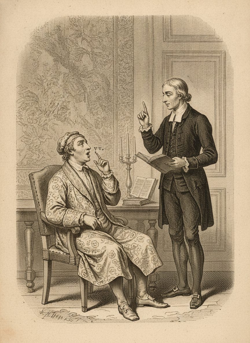Gravure de la leçon de prose du Bourgeois gentilhomme : le maître de philosophie fait la leçon à Monsieur Jourdain en robe de chambre