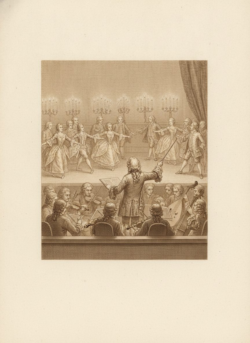 Gravure de Jean-Baptiste Lully dirigeant l'orchestre d'une comédie-ballet de Molière devant des danseurs en scène