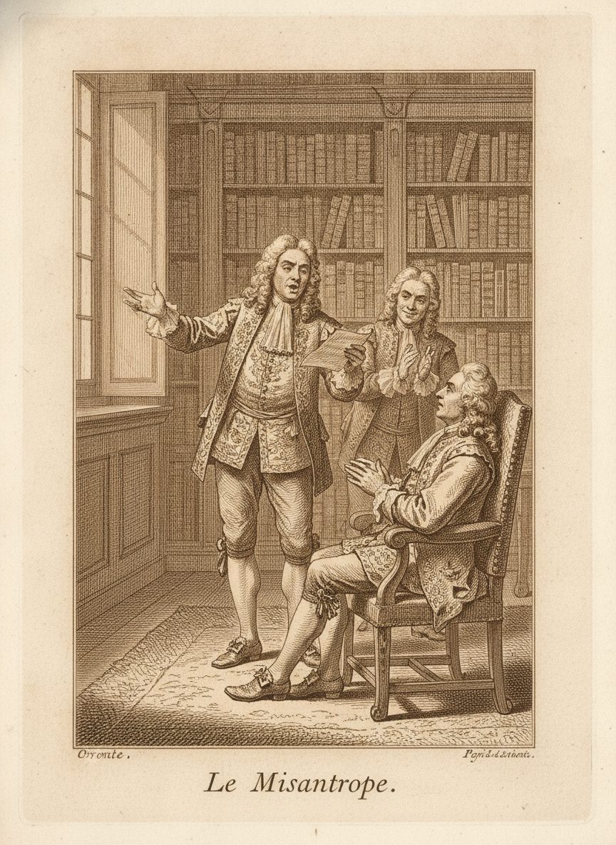 Gravure de la scène du sonnet du Misanthrope : Oronte déclame son poème devant Alceste exaspéré et Philinte