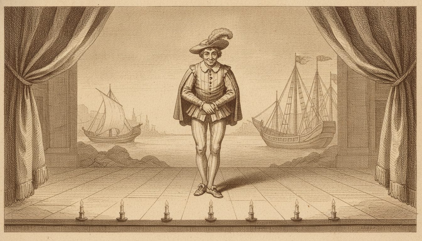 Scapin en costume de valet de comédie italienne salue sur une scène au décor de port de Naples