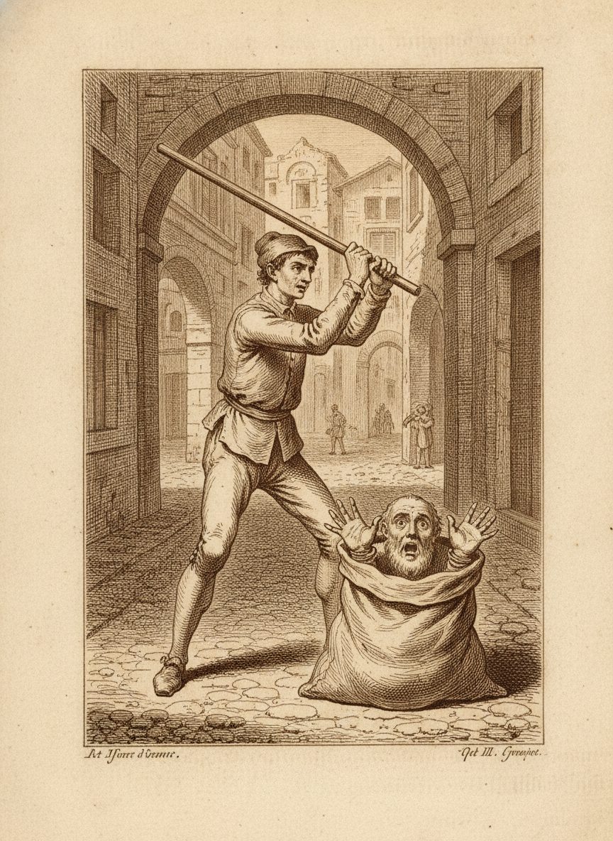 Gravure de la scène du sac des Fourberies de Scapin : Scapin bâton levé au-dessus du sac où est caché Géronte